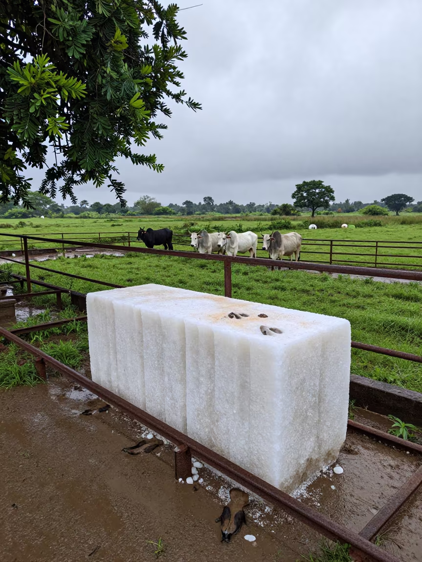 Cattle Salt Block Station Monsoon Ranch Telangana in inside a ranch corral in Telangana