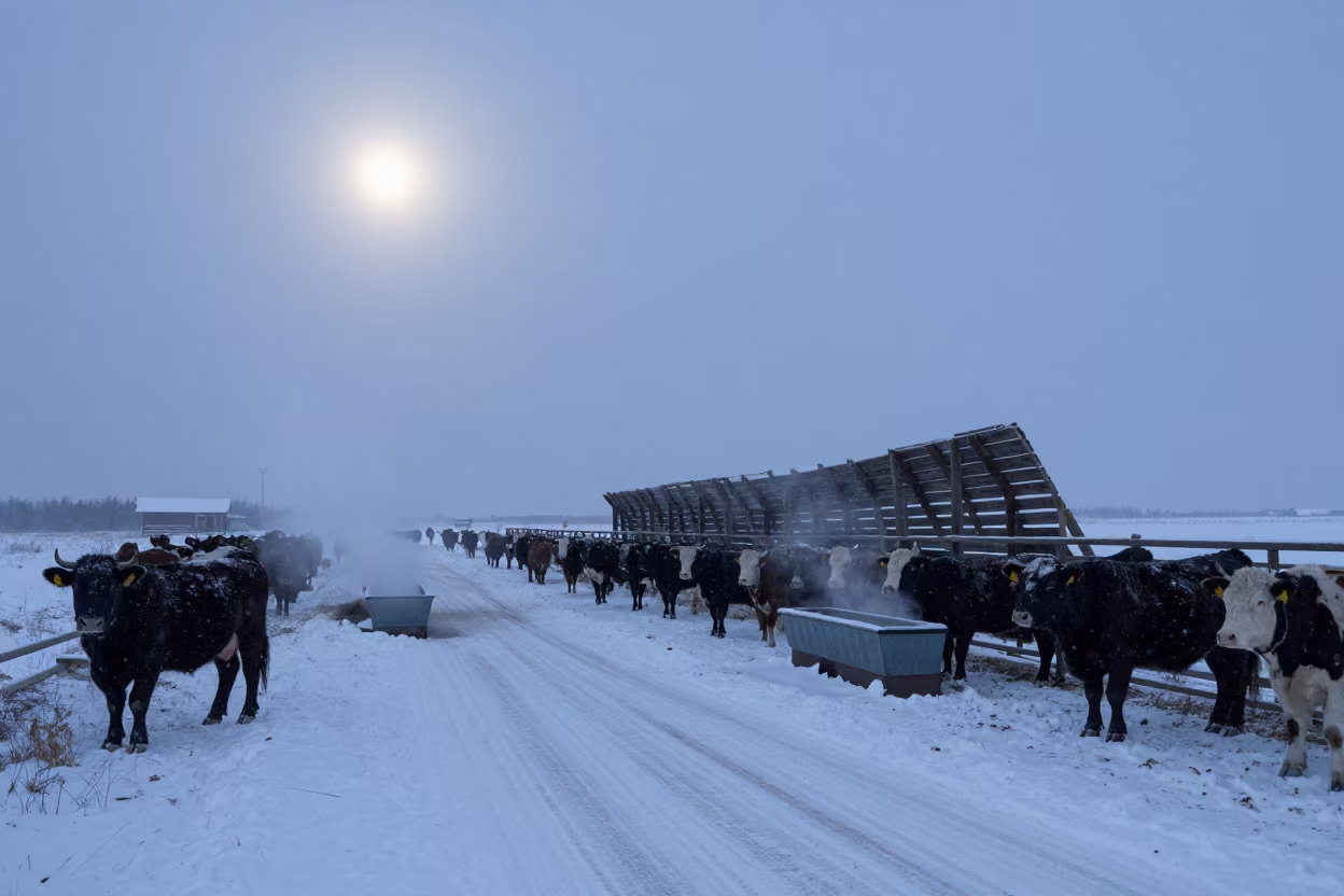 Cattle in Snowy Yukon Feedlot Lane at Dawn in near a windbreak and water trough in Yukon