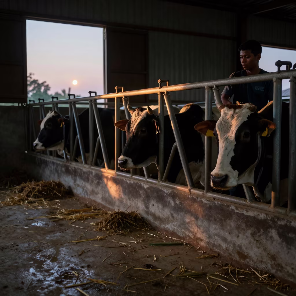 Cattle Squeeze Chute in Myanmar Barn Twilight in beside a veterinary crush in a barn in Myanmar
