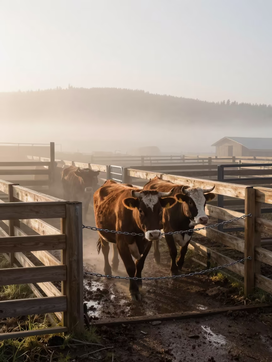 Cattle Turn at Montana Stockyard Dawn Mist in at a stockyard loading ramp in Montana