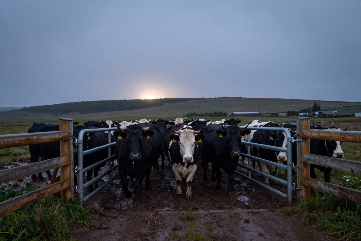 Cattle Turn Under Starlight Rain Newfoundland in beside a pasture gate in Newfoundland