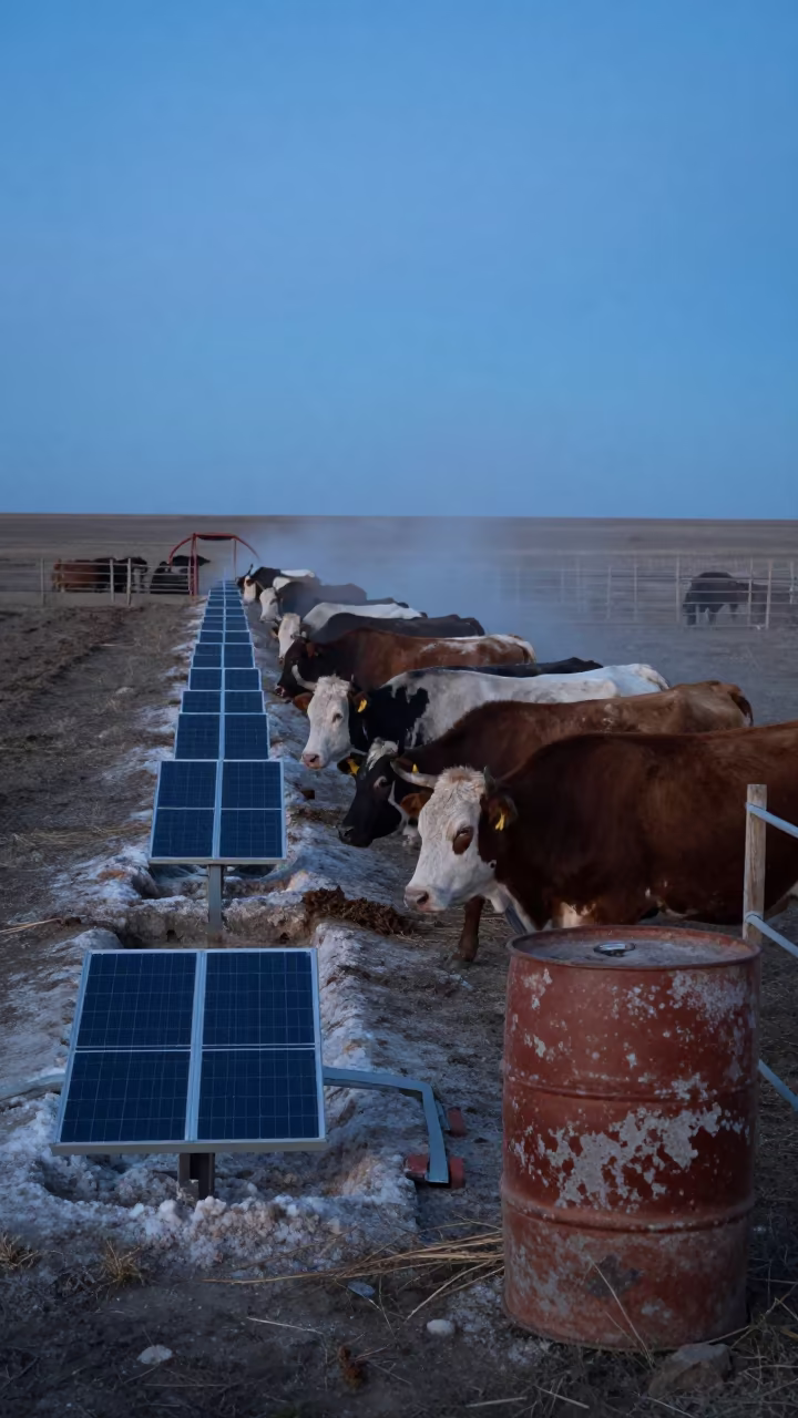 Cattle at Twilight Near Salt Barrels in Azerbaijan Corral in inside a ranch corral in Azerbaijan