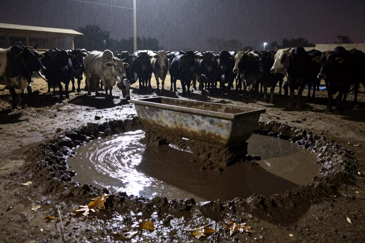 Cattle Water Trough Mud Ring Autumn Storm in at a stockyard loading ramp in Iraq