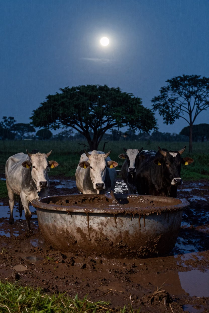 Cattle Water Trough Mud Ring Rainy Night Paraguay in near a windbreak and water trough in Paraguay