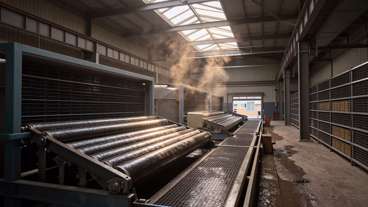 Catwalk Over Wet Rollers in Amarah Paper Mill in inside a leaf-drying room lined with mesh trays in Amarah