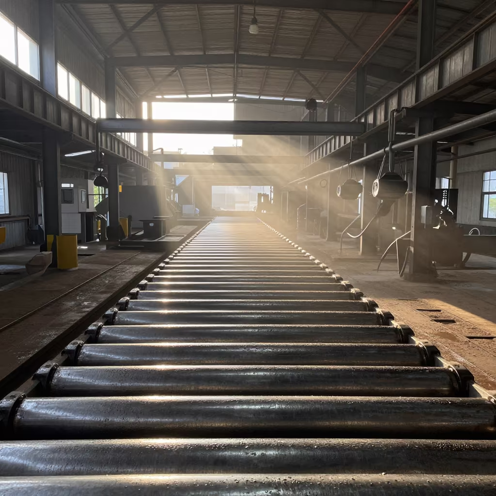 Catwalk Over Wet Rollers at Dawn in inside a packing hall with stainless conveyors near Bamako