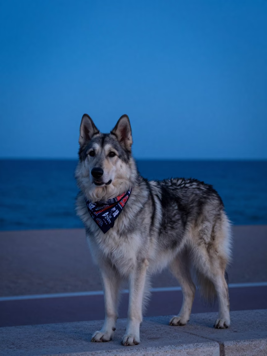 Caucasian Shepherd Dog and Scarf in Nice Evening Light in in Nice, France