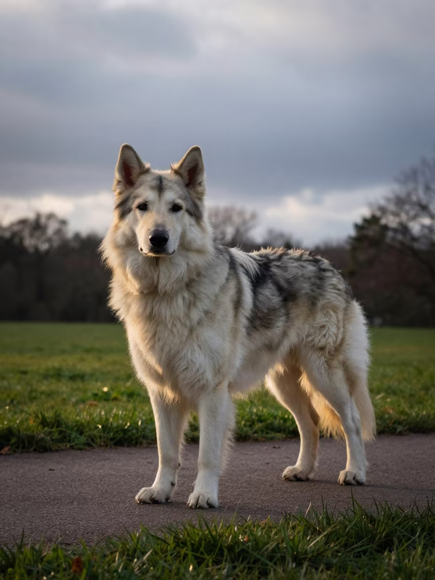 Caucasian Shepherd Dog Dawn Light Park Path in in a small yard with clipped grass, calm light, and the animal centered in frame near Gold Coast