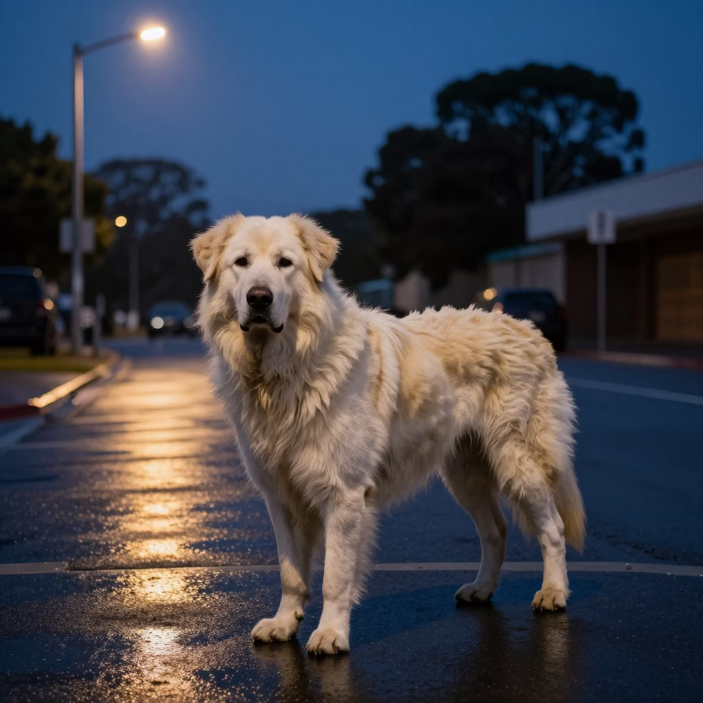 Caucasian Shepherd Dog Guarding Perth Street Corner in Predawn Darkness in in Perth, Western Australia, Australia