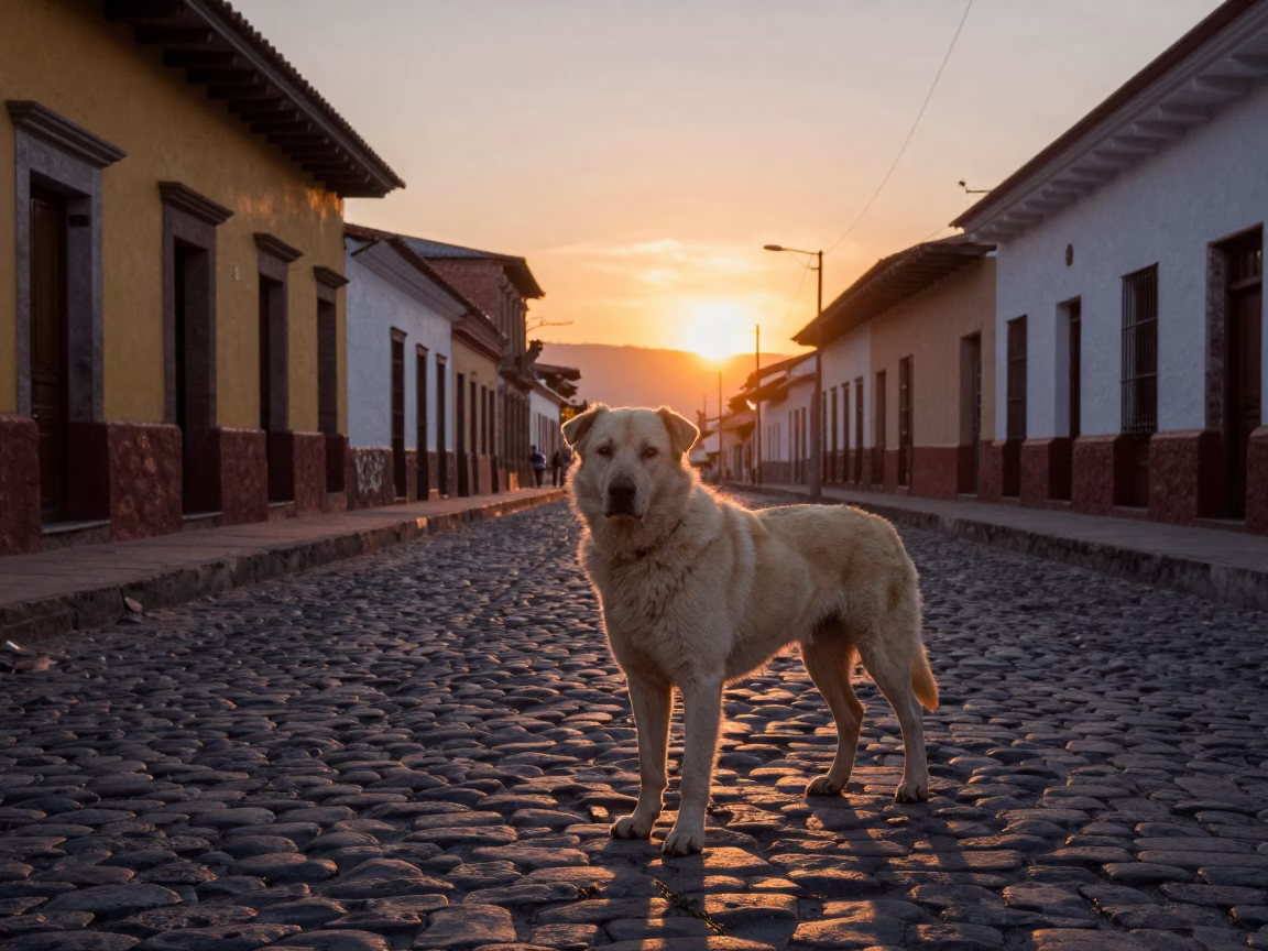Caucasian Shepherd Dog in La Paz Bolivia Street Scene at Sunset in in La Paz, Bolivia