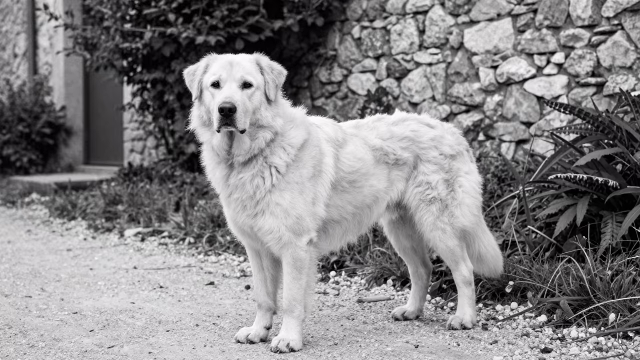 Caucasian Shepherd Dog on Perugia Path in near a garden edge with soft morning light and an uncluttered background in Perugia