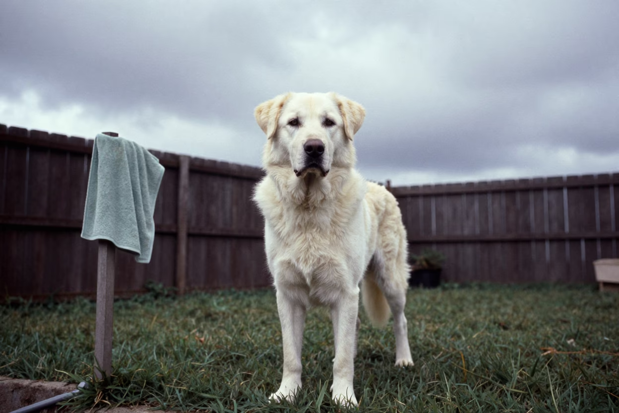 Caucasian Shepherd Dog on Quiet Holguin Path in in a small yard with clipped grass, calm light, and the animal centered in frame in Holguin