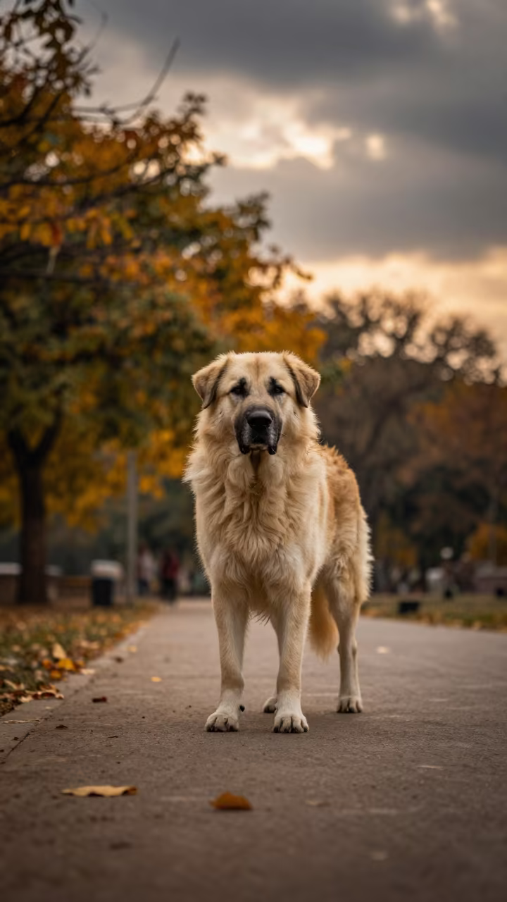 Caucasian Shepherd Dog on Varanasi Park Path in along a quiet park path with soft open shade and a clean background in Varanasi