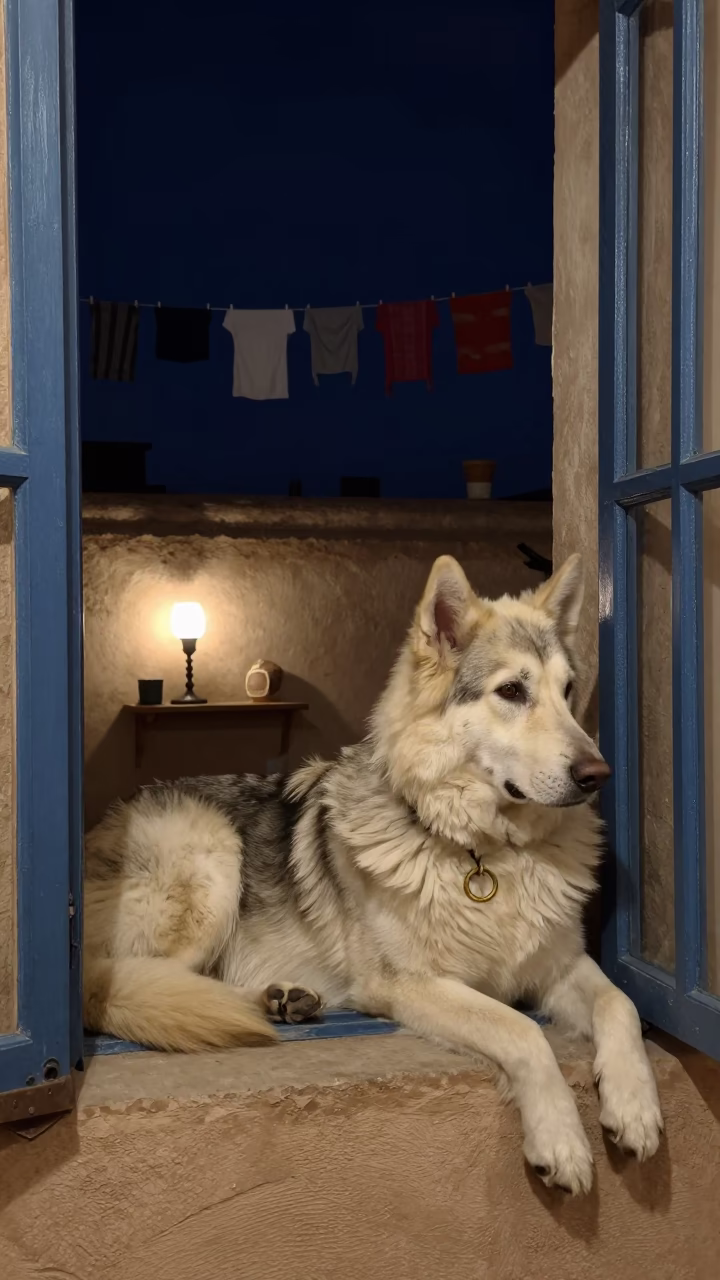 Caucasian Shepherd Dog on Window Seat in Mellah in on a window seat in a quiet apartment with soft side light in Mellah, Marrakech