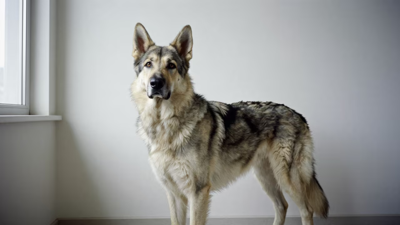 Caucasian Shepherd Dog Portrait in Soft Light in beside a plain plaster wall in soft indoor light with the animal centered in frame near Dalian