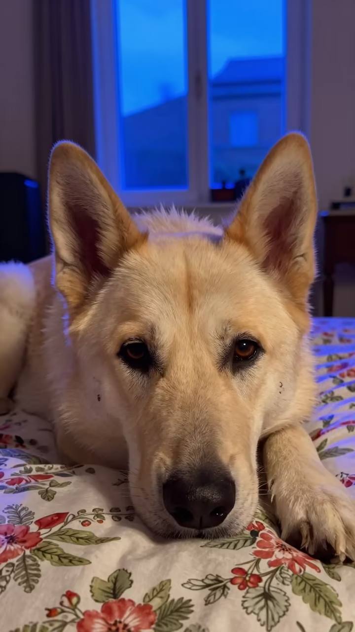 Caucasian Shepherd Dog Resting on Bedspread in Verona in on a bedspread near a bright window with calm indoor light in Verona