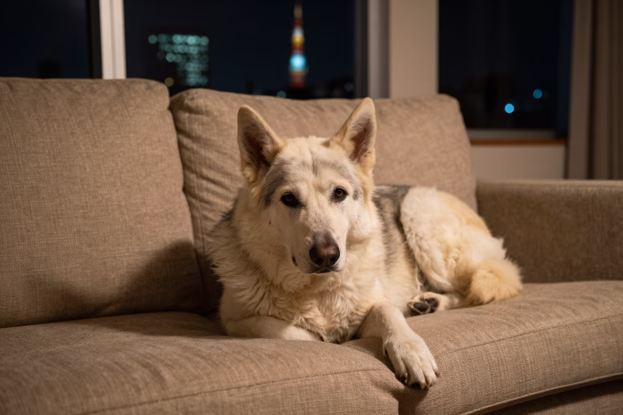 Caucasian Shepherd Dog Resting on Sofa in on a linen sofa with daylight from a nearby window near Tokyo