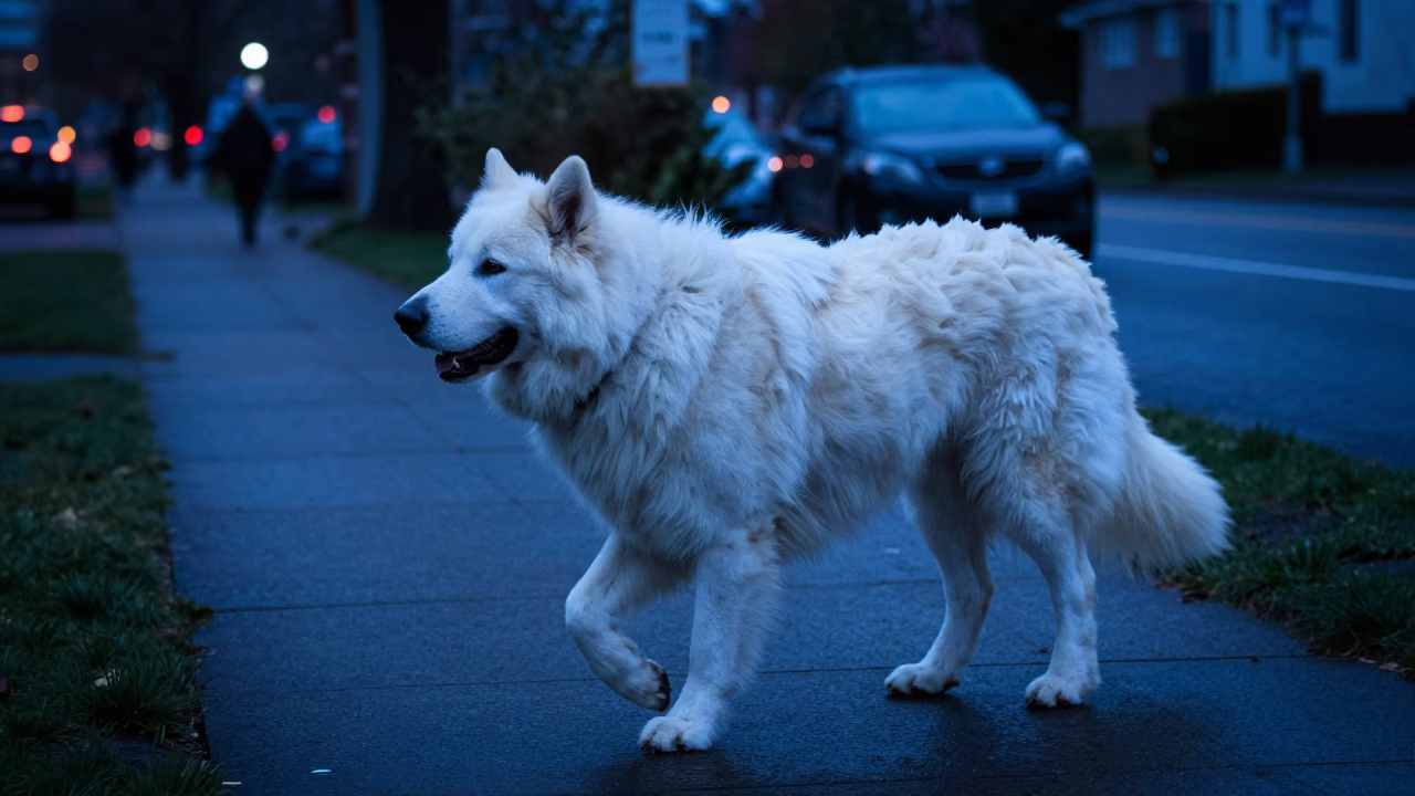 Caucasian Shepherd Dog Walking in Portland Oregon Evening Blue Light in in Portland, Oregon, United States