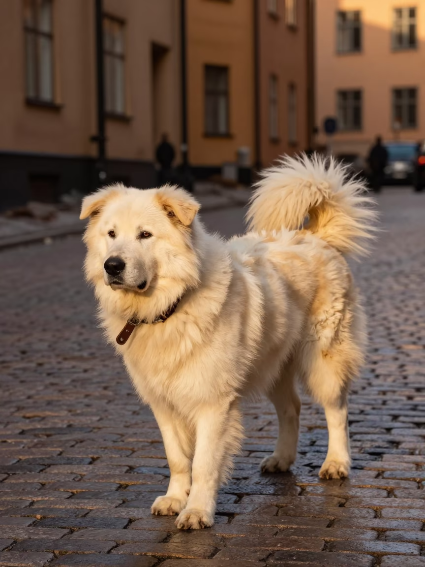 Caucasian Shepherd Dog Walking on Cobblestone Street in Stockholm Sweden at Sunset in in Stockholm, Sweden