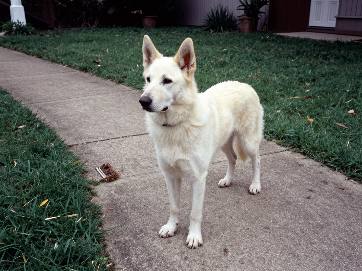 Caucasian Shepherd on Park Path in Caguas in in a small yard with clipped grass, calm light, and the animal centered in frame in Caguas