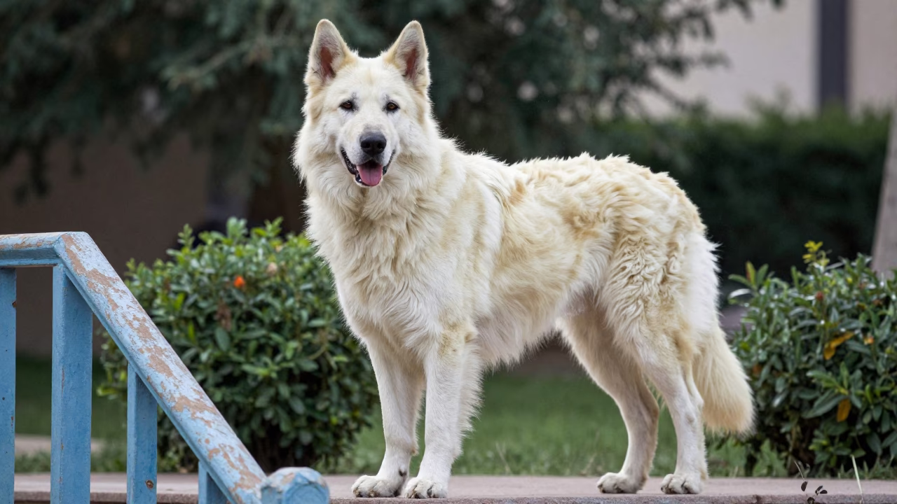 Caucasian Shepherd Portrait at Port Said Garden Edge in near a garden edge with soft morning light and an uncluttered background in Port Said