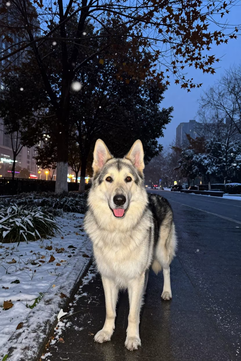 Caucasian Shepherd Portrait in Chengdu Twilight Snow in along a quiet park path with soft open shade and a clean background near Chengdu