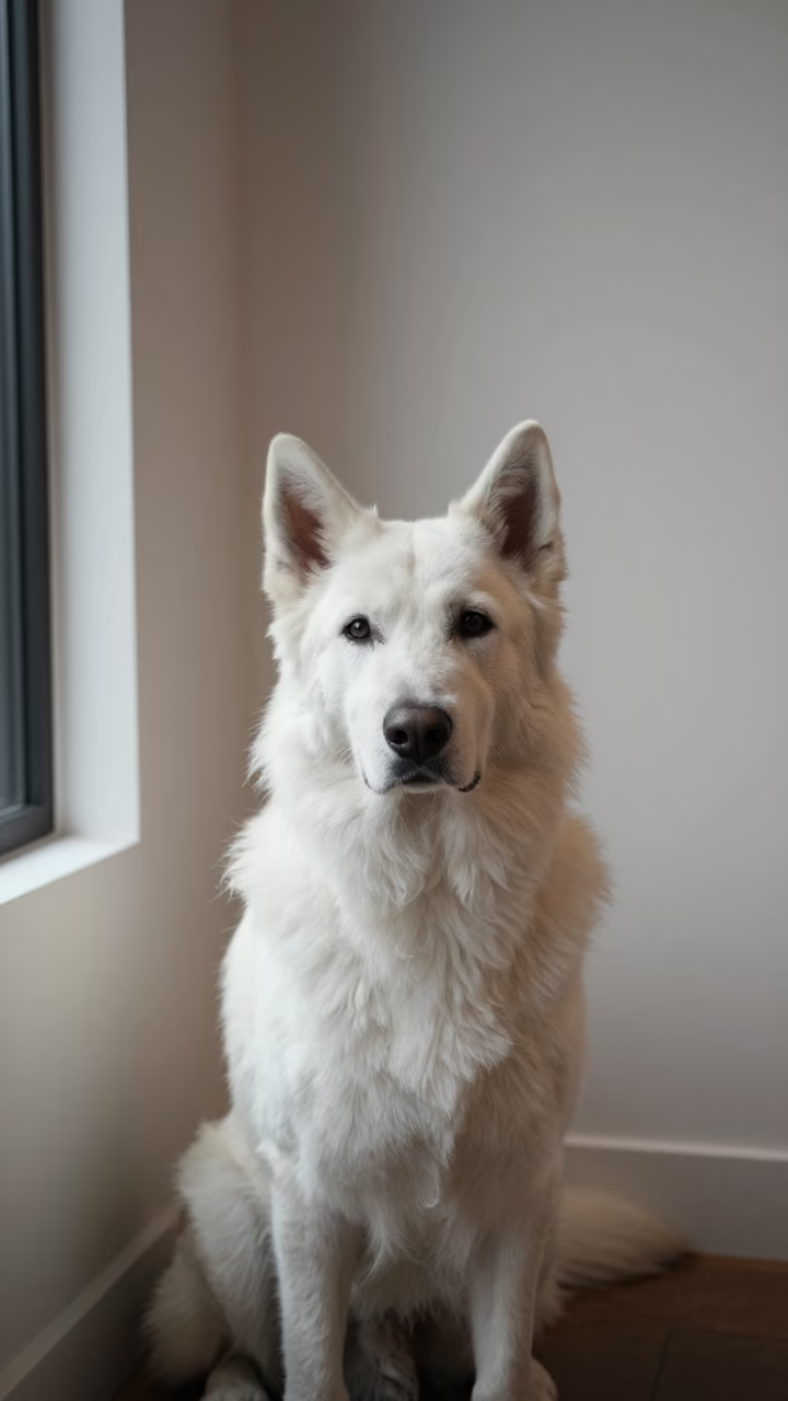 Caucasian Shepherd Portrait in Surry Hills in beside a plain plaster wall in soft indoor light with the animal centered in frame in Surry Hills, Sydney