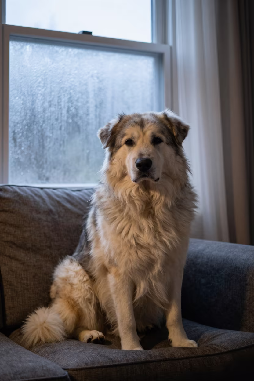 Caucasian Shepherd Portrait Near Window in on a sofa near a curtained window with calm indoor light in Port-de-Paix