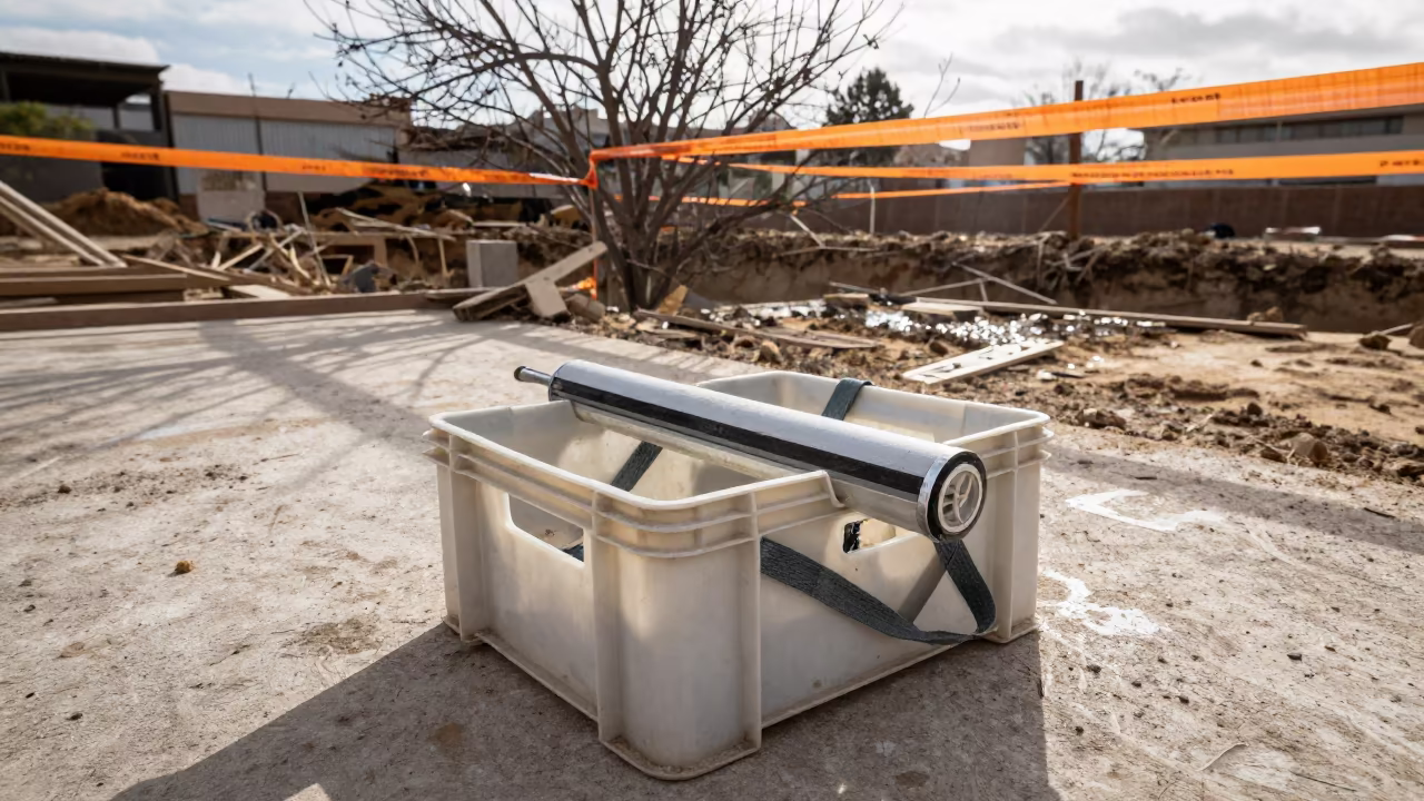 Caulk Gun Crate After Storm in Valencia Excavation in inside a taped-off excavation edge in Valencia