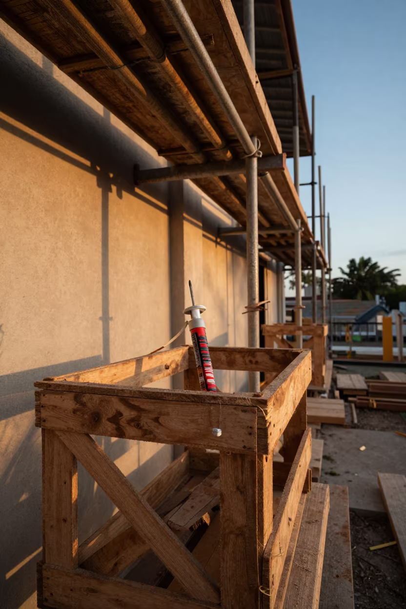 Caulk Gun Crate on Grenada Scaffold in along a scaffolded facade in Grenada