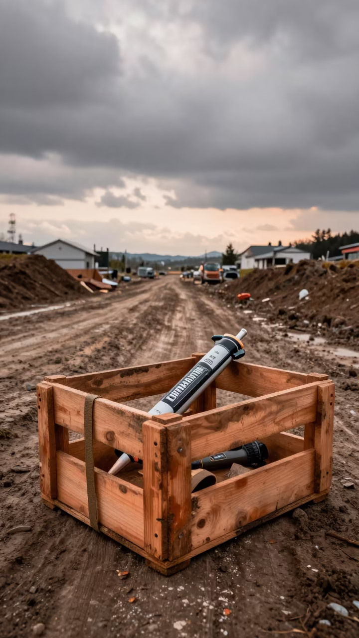 Caulk Gun Crate on Muddy Chugoku Road in at a muddy site access road in Chugoku