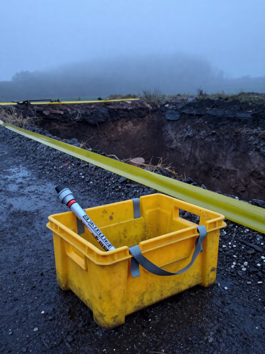 Caulk Gun Crate in Scotland Mist at Twilight in inside a taped-off excavation edge in Scotland