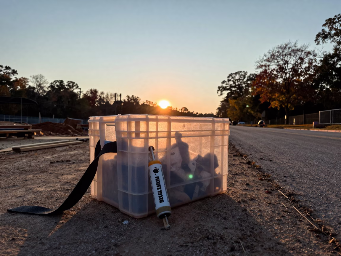 Caulk Gun Crate Silhouette on Muddy Atlanta Road in at a muddy site access road near Atlanta