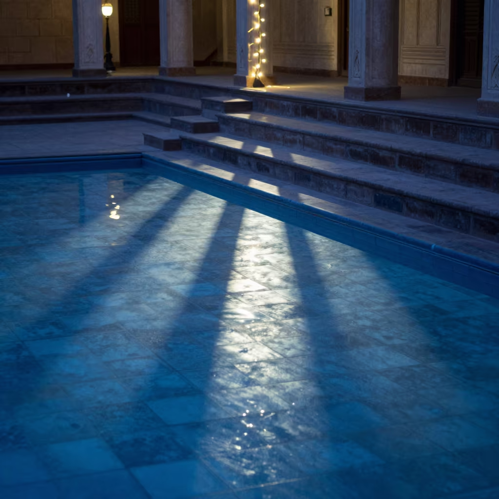 Caustic Light on Agra Pool Floor in inside a tiled stair hall in Agra