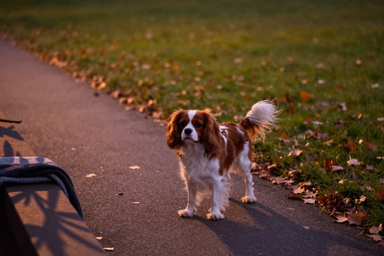 Cavalier King Charles Spaniel in Autumn Park in in a small yard with clipped grass, calm light, and the animal centered in frame in El Oued