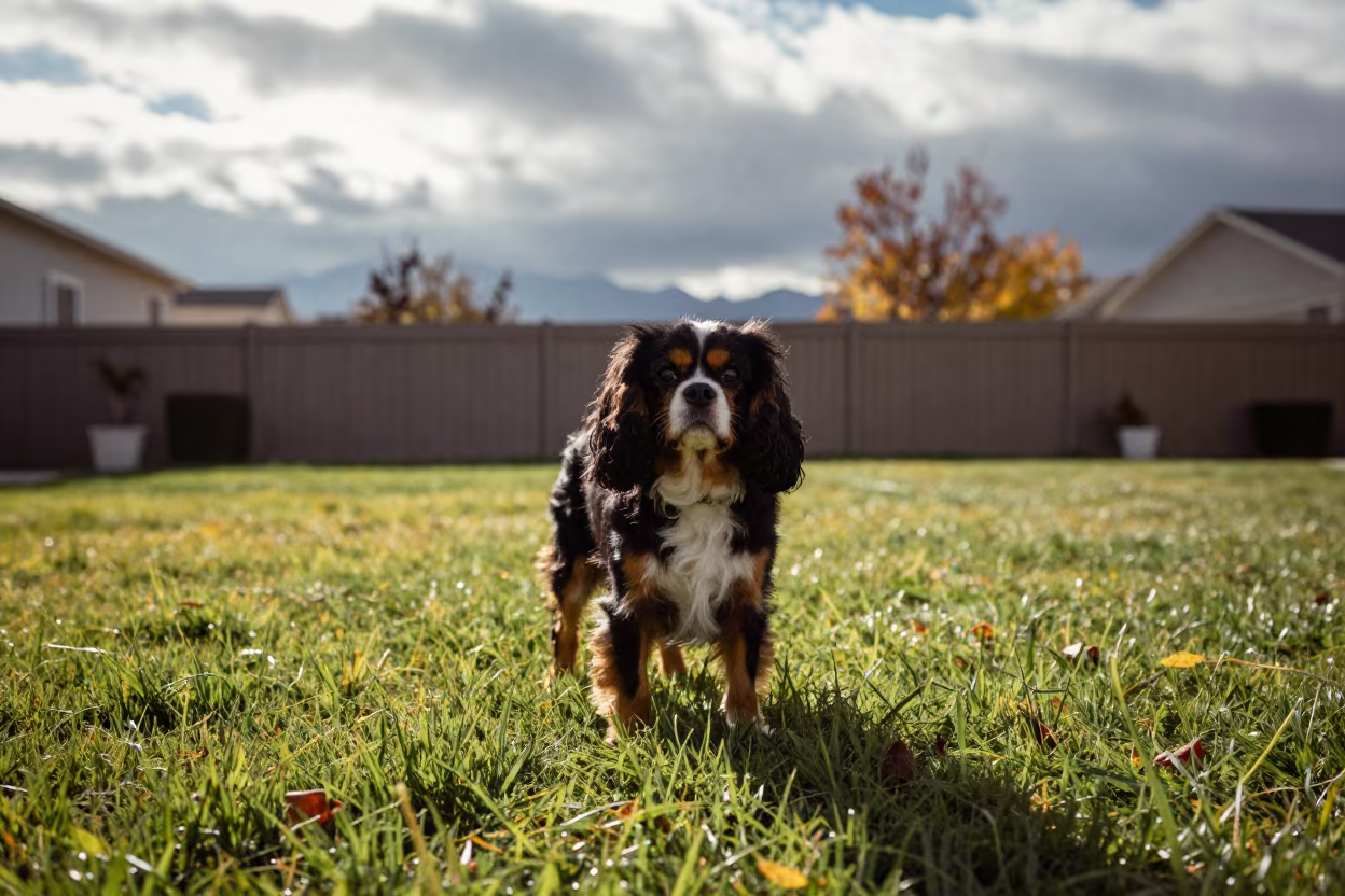Cavalier King Charles Spaniel in Salt Lake City Yard in in a small yard with clipped grass, calm light, and the animal centered in frame near Salt Lake City