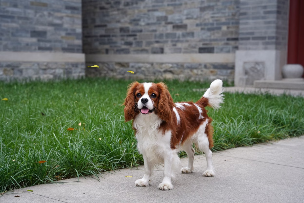 Cavalier King Charles Spaniel on Xian Park Path in in a small yard with clipped grass, calm light, and the animal centered in frame in Xian