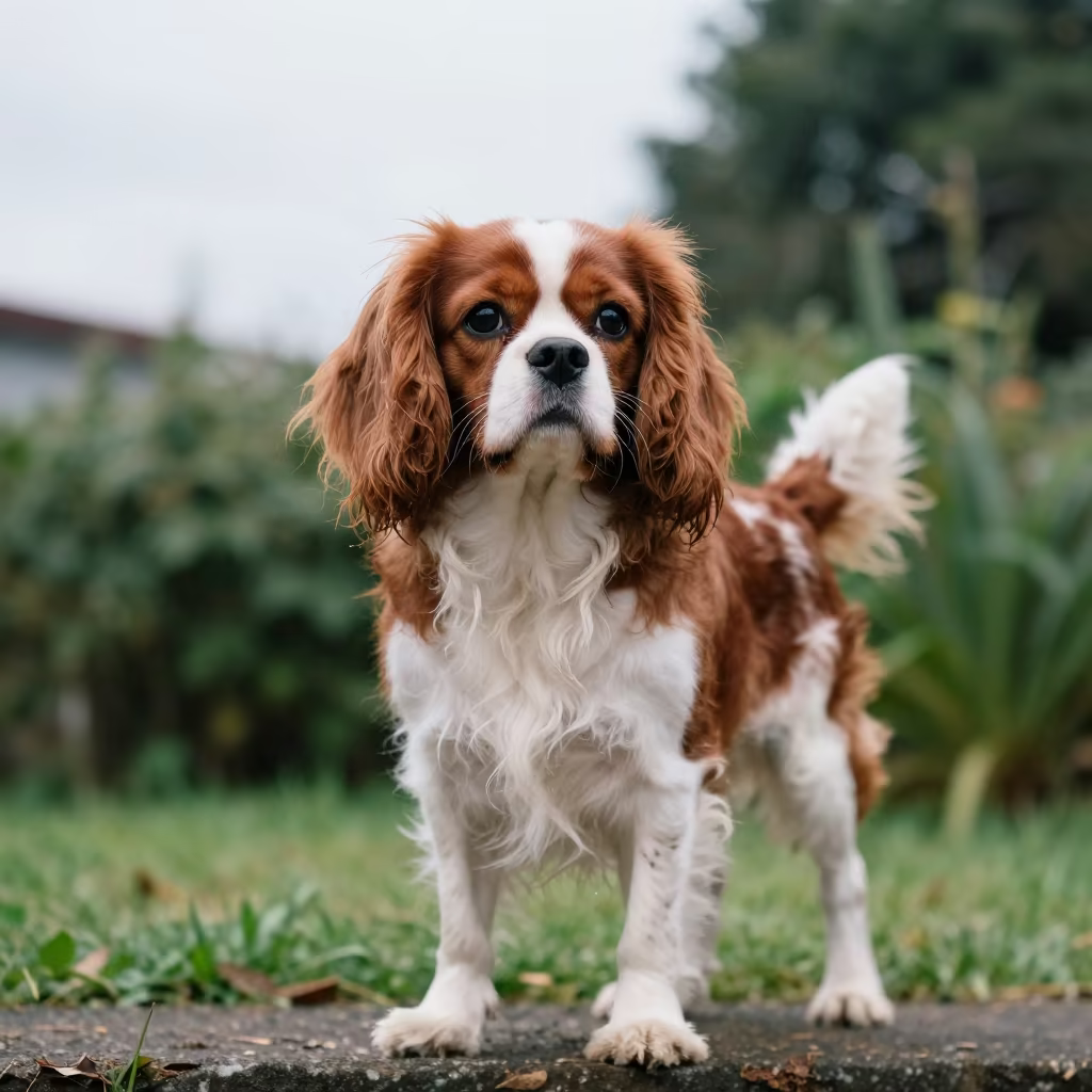 Cavalier King Charles Spaniel Portrait Bogota Garden in near a garden edge with soft morning light and an uncluttered background in Bogota
