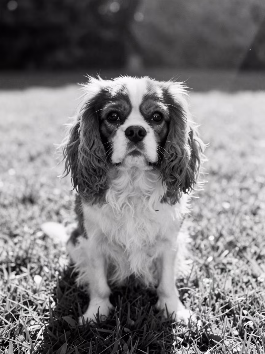 Cavalier King Charles Spaniel Portrait in Giza Yard in in a small yard with clipped grass, calm light, and the animal centered in frame in Giza