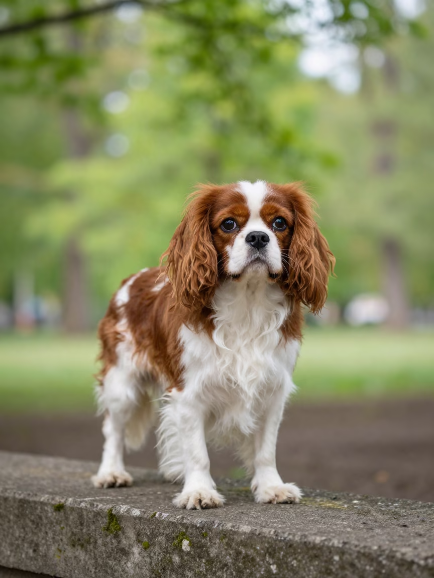 Cavalier King Charles Spaniel Portrait in Kaunas Park in along a quiet park path with soft open shade and a clean background in Kaunas