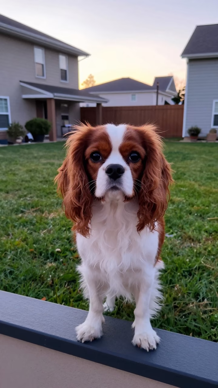 Cavalier King Charles Spaniel Portrait in Nacala Yard in in a small yard with clipped grass, calm light, and the animal centered in frame in Nacala