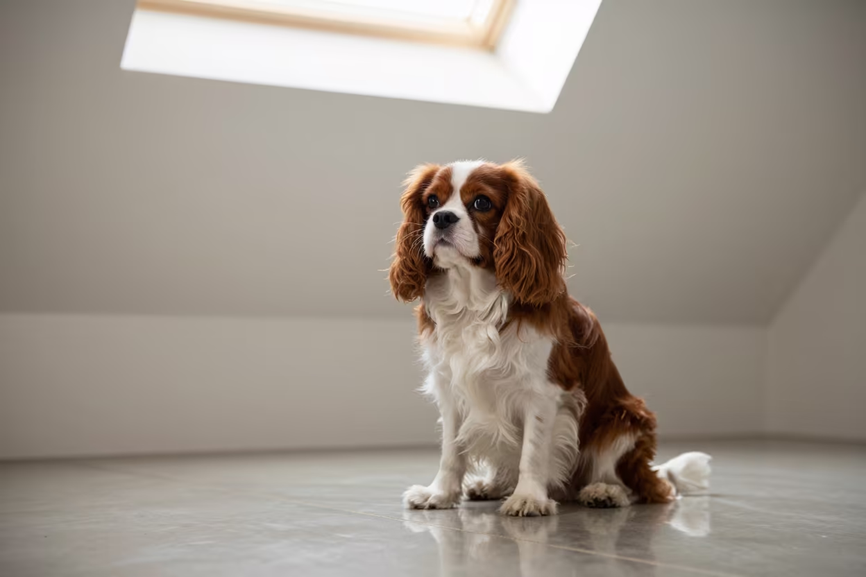 Cavalier King Charles Spaniel Portrait in Quiet Studio in in a quiet portrait studio with a plain backdrop and eye-level framing in Qingdao