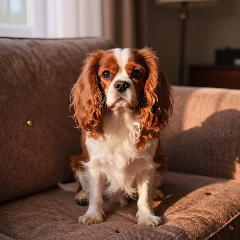 Cavalier King Charles Spaniel Portrait Near Window in on a sofa near a curtained window with calm indoor light near Changchun