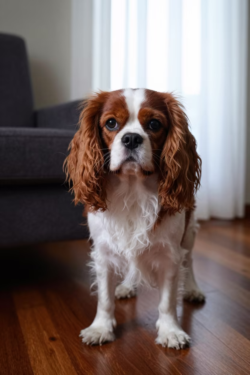 Cavalier King Charles Spaniel Portrait on Sofa in on a sofa near a curtained window with calm indoor light near İzmit