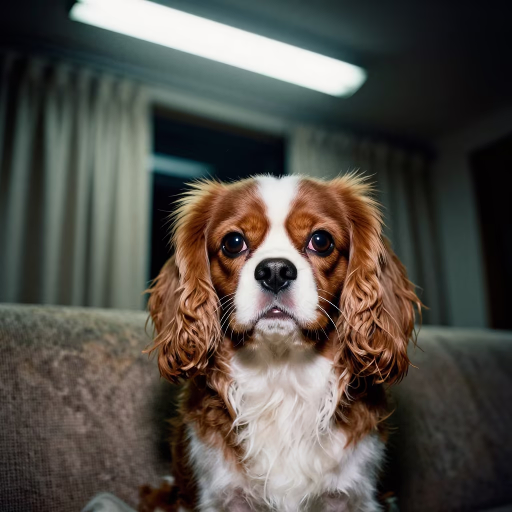 Cavalier King Charles Spaniel Portrait Phrae Night in on a sofa near a curtained window with calm indoor light near Phrae