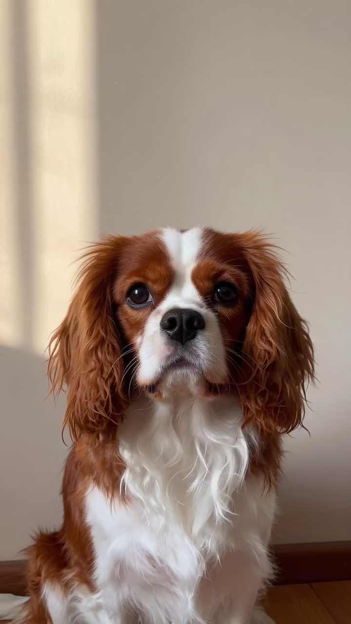 Cavalier King Charles Spaniel Portrait Vienna in beside a plain plaster wall in soft indoor light with the animal centered in frame in Karmeliterviertel, Vienna