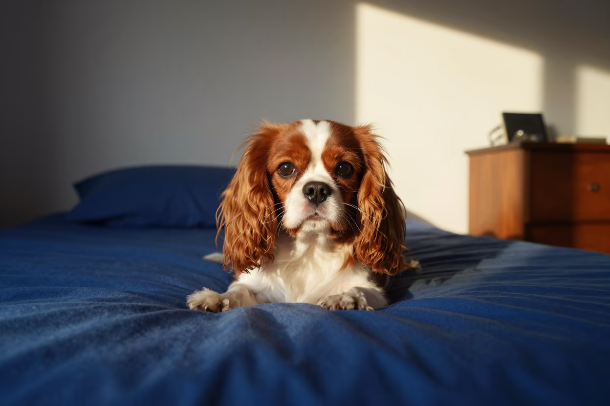 Cavalier King Charles Spaniel Resting on Bedspread in on a bedspread near a bright window with calm indoor light near San Salvador