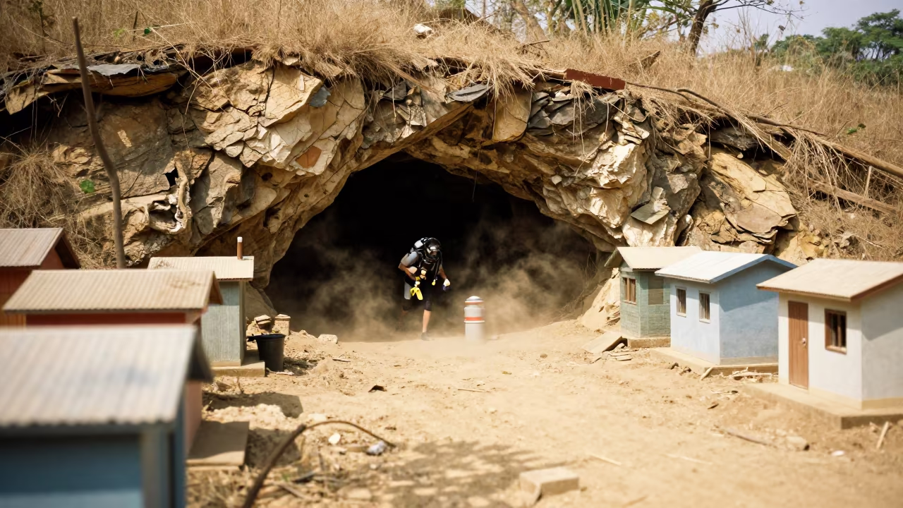 Cave Diver at Cenote with Tiny Shoebox Buildings in on a hillside near Gurgaon