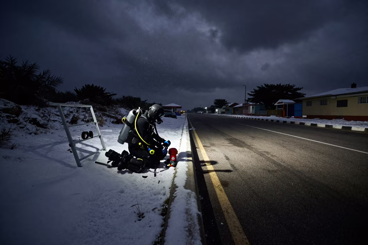 Cave Diver at Lagos Stop With Split Weather in at a roadside stop near Surulere, Lagos