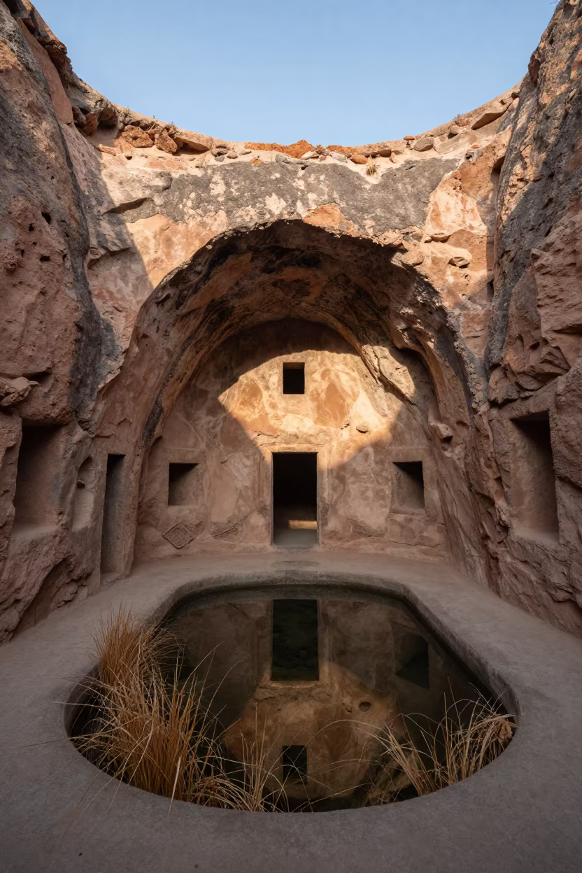 Cave Dwelling in Göreme Before Dawn in inside a vaulted atrium in Göreme